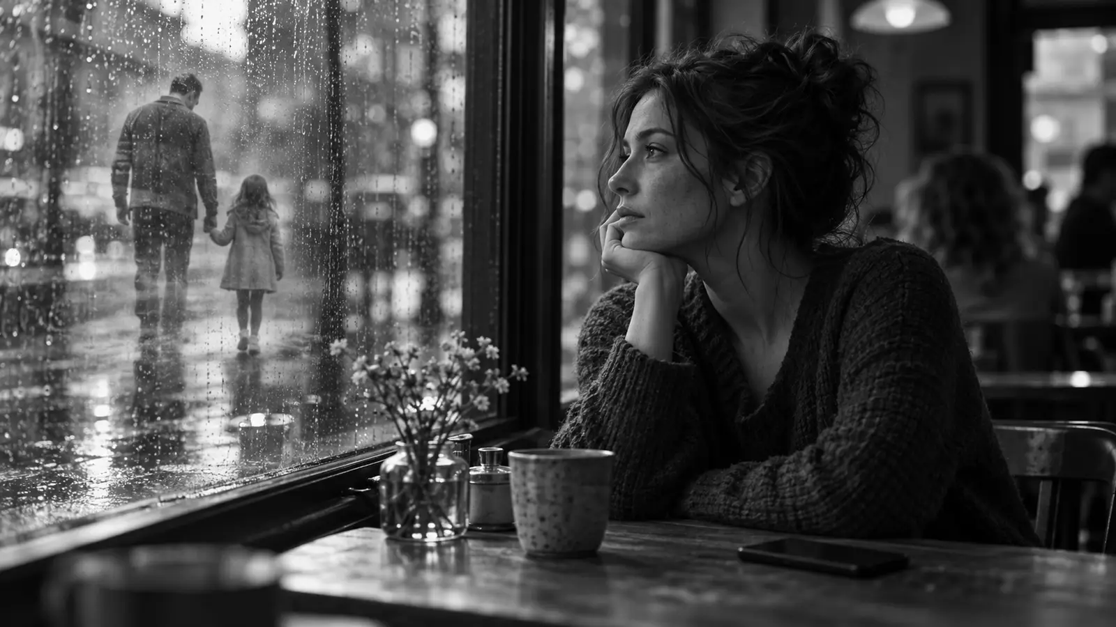 A woman at a rainy café window, watching a father and his young daughter walk hand in hand outside