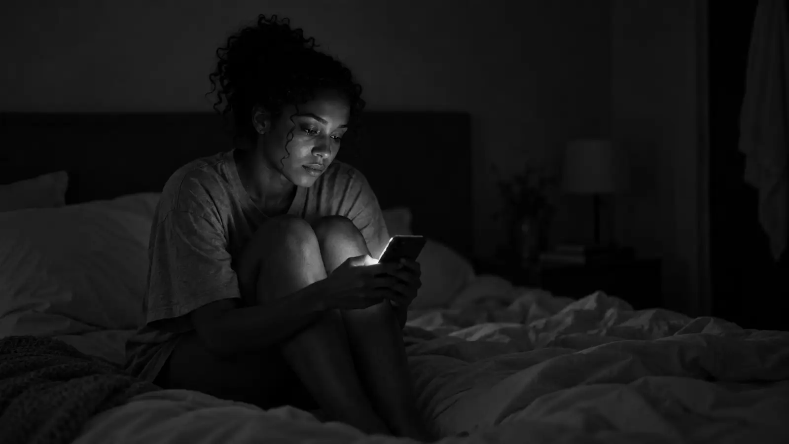 A young woman with curly hair sitting on her bed at night, her face lit by her phone as she waits for a message