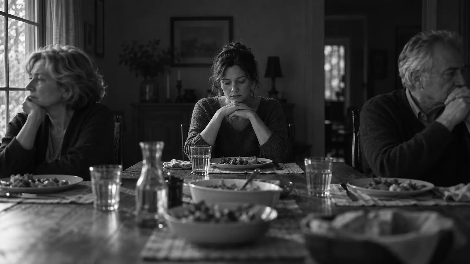 A grown daughter sitting between her parents at a silent dinner table, both parents turned away from each other