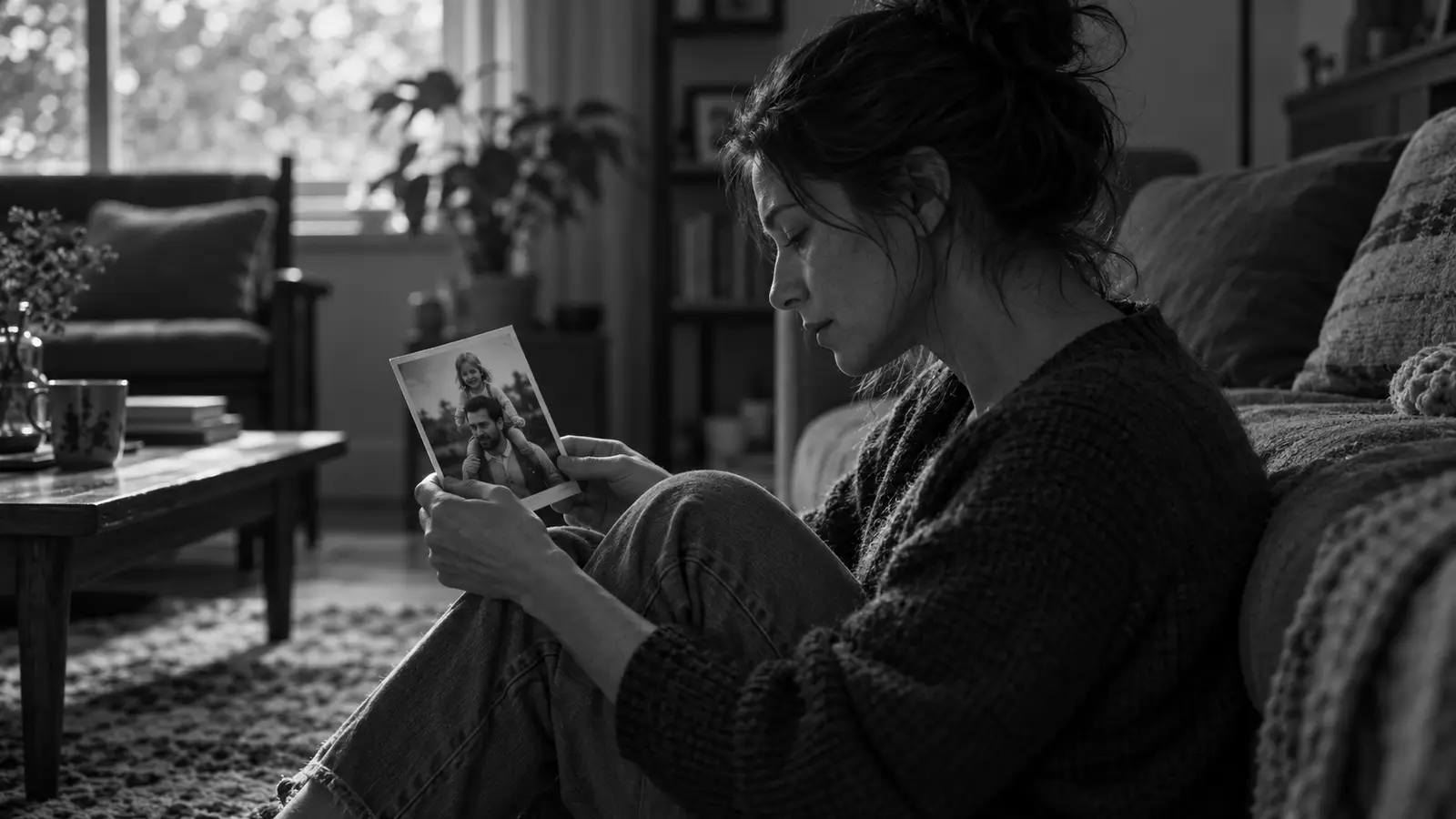 A woman sitting on the living room floor, holding an old photo of a father carrying his little daughter on his shoulders