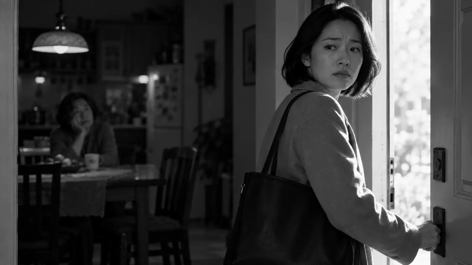 A woman in a coat pausing at a sunlit front door, looking back at her mother sitting alone at the kitchen table