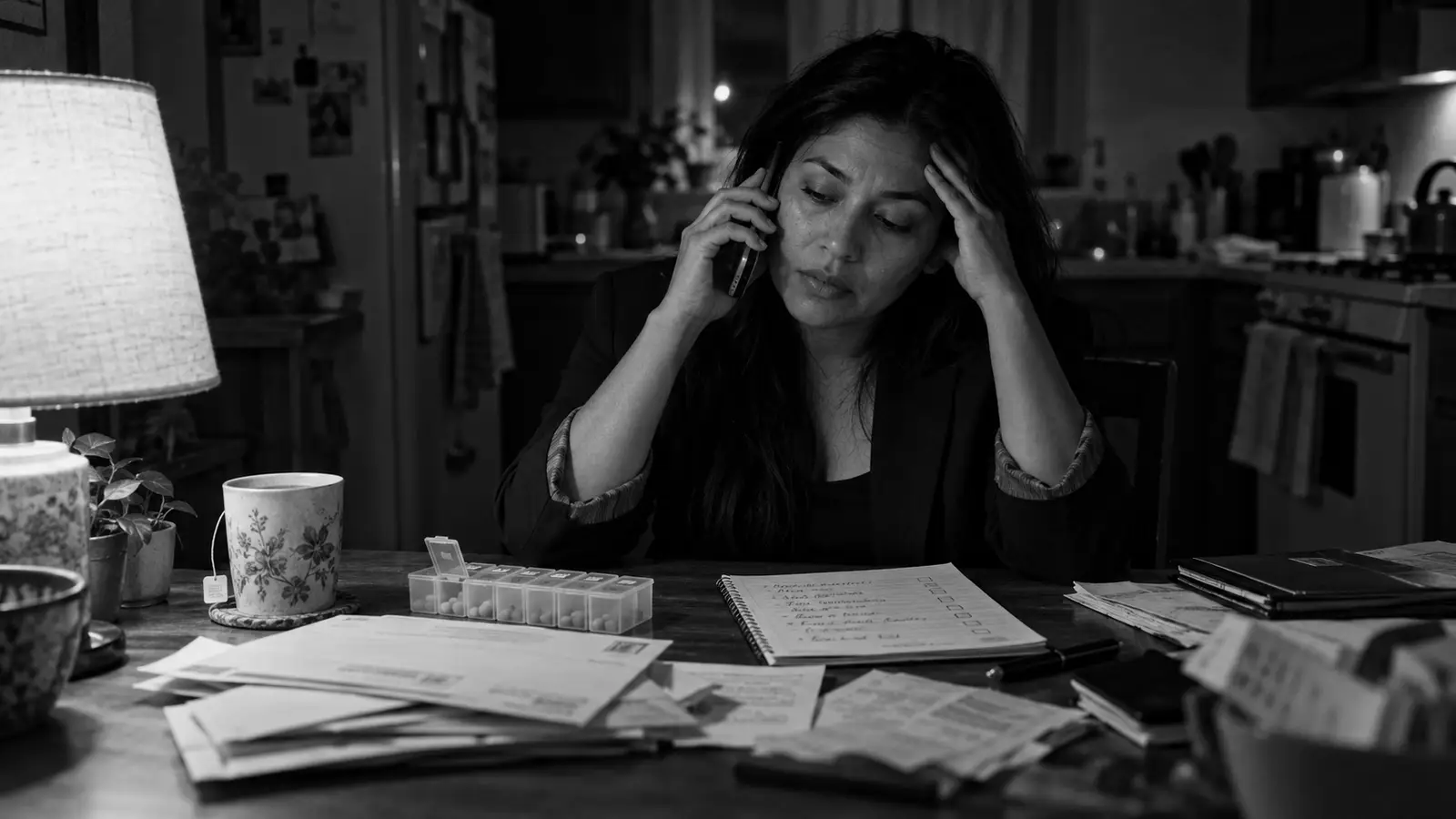 A tired woman in a blazer on the phone at her kitchen table late at night, surrounded by bills, a to-do list and a pill organizer