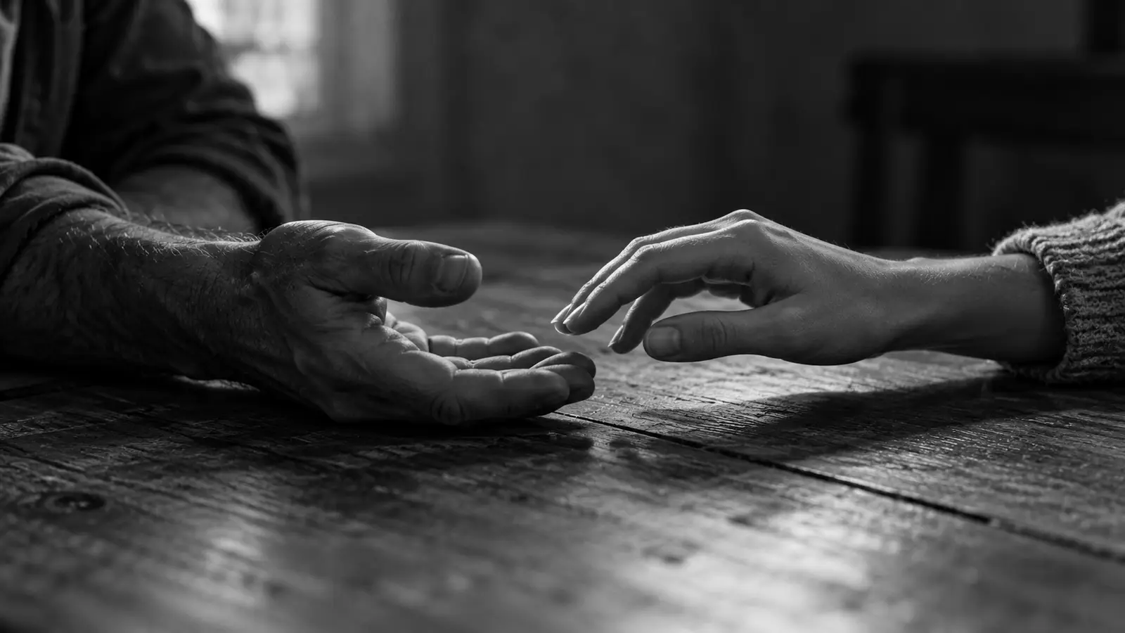 A woman’s hand reaching toward a man’s open hand on a wooden table, stopping just short of touching