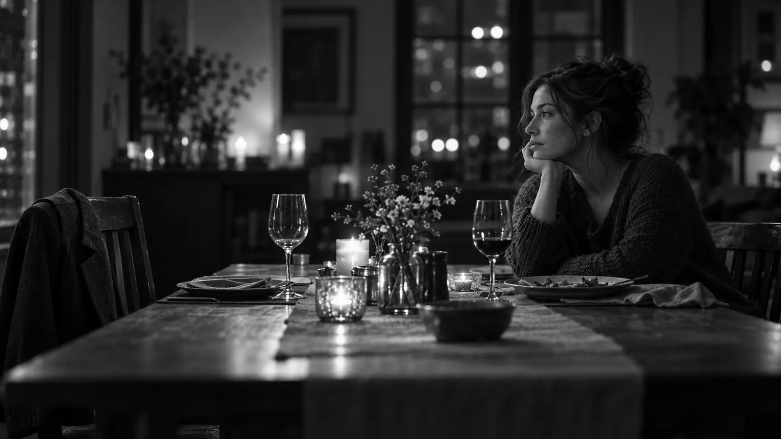 A woman sitting alone at a candlelit dinner table set for two, a man’s jacket left on the empty chair